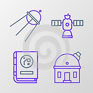 Set line Astronomical observatory, Book by astronomy, Satellite and icon. Vector