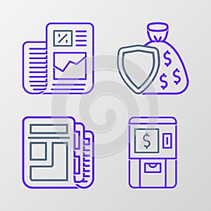 Set line ATM and money, Stock market news, Shield bag and Business finance report icon. Vector