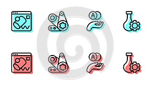 Set line Atom, Data visualisation, Timing belt kit and Test tube icon. Vector