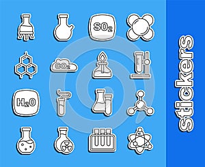 Set line Atom, Molecule, Test tube flask on stand, Sulfur dioxide SO2, CO2 emissions in cloud, Chemical formula, and