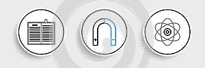 Set line Atom, Open science book and Magnet icon. Vector