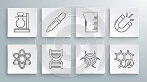 Set line Atom, Pipette, DNA symbol, Biohazard, Chemical formula, Laboratory glassware beaker, Magnet and Test tube flask
