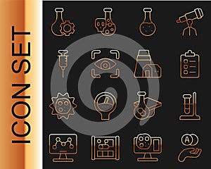 Set line Atom, Test tube flask on stand, To do list or planning, Eye scan, Syringe, and Power station plant icon. Vector