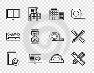 Set line Audio book, Crossed ruler and pencil, Hotel building, Open, Hourglass pixel, Protractor grid and icon. Vector