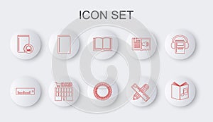 Set line Audio book, Ruler, Open, Crossed ruler and pencil, Book, Supermarket building and Laurel wreath icon. Vector