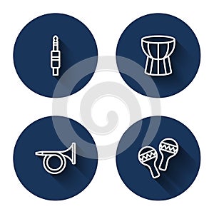 Set line Audio jack, African darbuka drum, Trumpet and Maracas with long shadow. Blue circle button. Vector