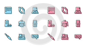 Set line Audio jack, Monitor with keyboard, Binary code, Certificate template, Sweater, Tetris, Burger and Socks icon