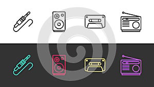 Set line Audio jack, Stereo speaker, Retro audio cassette tape and Radio on black and white. Vector