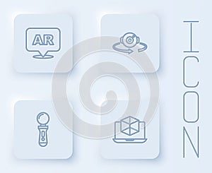 Set line Augmented reality AR, 360 degree view, VR controller game and 3d modeling. White square button. Vector