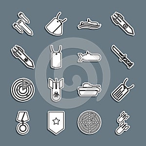 Set line Aviation bomb, Military dog tag, knife, Submarine, Biohazard rocket, Rocket and icon. Vector