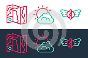 Set line Aviation emblem, World travel map and Sun and cloud weather icon. Vector