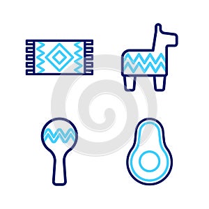 Set line Avocado fruit, Maracas, Pinata and Mexican carpet icon. Vector