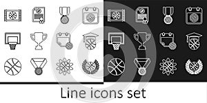 Set line Award with basketball ball, Basketball training, medal, cup, backboard, game video, on sport calendar and