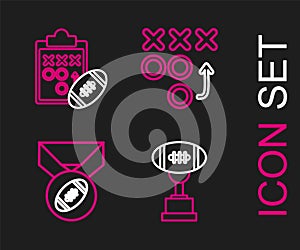 Set line Award cup and American football ball, Football with medal, Planning strategy concept and icon. Vector