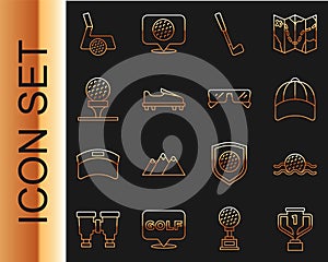 Set line Award cup with golf, Golf ball in water, Baseball cap, club, shoe, on tee, and Glasses icon. Vector