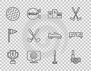 Set line Award cup with golf, Golf club ball, over sports winner podium, label, Crossed, and Glasses icon. Vector