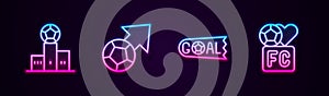 Set line Award over sports winner podium, Soccer football ball, Goal soccer and Fan club. Glowing neon icon. Vector