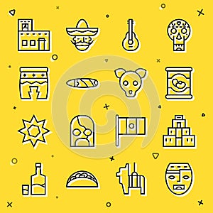 Set line Aztec mask, Chichen Itza in Mayan, Beans can, Mexican guitar, Cigar, Huehuetl, house and Dog icon. Vector