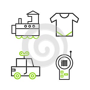 Set line Baby Monitor Walkie Talkie, Toy car, onesie and train icon. Vector