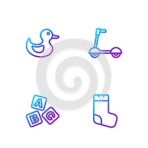 Set line Baby socks, ABC blocks, Rubber duck and Roller scooter. Gradient color icons. Vector