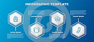 Set line Backpack, Long sleeve shirt, Police cap with cockade and Socks. Business infographic template. Vector