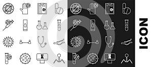 Set line Bacteria bacteriophage, Ebola virus disease, Blood test and, Clipboard with blood results, Syringe, Stop and