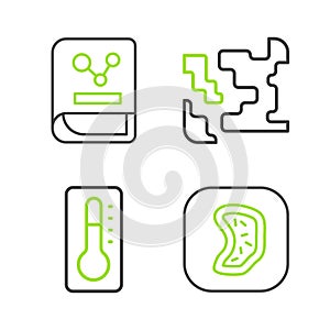 Set line Bacteria, Medical thermometer, Gaseous and Chemistry book icon. Vector
