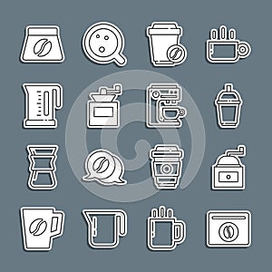 Set line Bag of coffee beans, Manual grinder, Coffee cup to go, Electric kettle, and machine icon. Vector