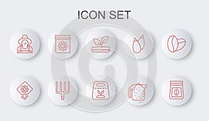 Set line Bag of coffee beans, Pack full seeds plant, Sprout, Measuring cup, Farmer the hat, Garden pitchfork and icon