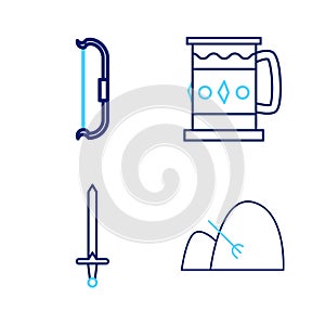 Set line Bale of hay and rake, Medieval sword, Wooden mug and bow icon. Vector