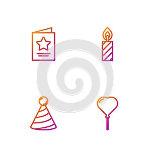 Set line Balloon in form of heart, Party hat, Greeting card and Birthday cake candles. Gradient color icons. Vector