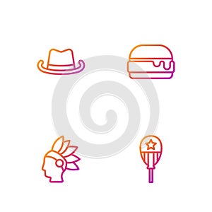 Set line Balloons, Native American Indian, Western cowboy hat and Burger. Gradient color icons. Vector