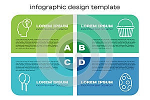 Set line Balloons with ribbon, Human head with christian cross, Easter egg and Easter cake. Business infographic