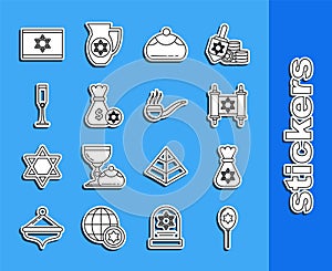 Set line Balloons with ribbon with star of david, Jewish money bag, Torah scroll, sweet bakery, and coin, goblet, Flag