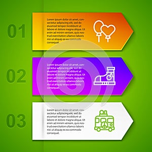 Set line Balloons, Sneakers and Hippie camper van. Business infographic template. Vector