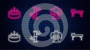 Set line Bamboo, Massage, Swimming pool with ladder and table. Glowing neon icon on brick wall. Vector