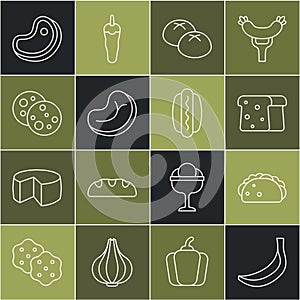 Set line Banana, Taco with tortilla, Bread toast, loaf, Steak meat, Cookie chocolate, and Hotdog icon. Vector