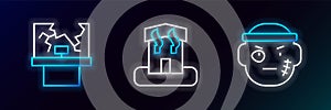 Set line Bandit, Broken window and Arson home icon. Glowing neon. Vector