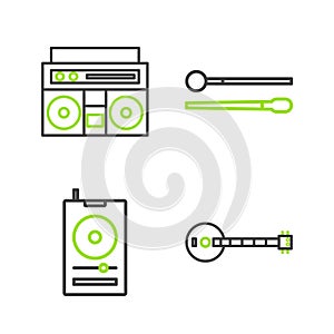 Set line Banjo, Music player, Drum sticks and Home stereo with two speakers icon. Vector