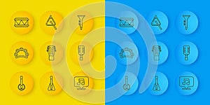Set line Banjo, Tambourine, Guitar, Music note, tone, Microphone, Drum, and drum sticks and Triangle icon. Vector