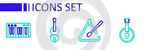Set line Banjo, Triangle musical instrument, Violin and Music synthesizer icon. Vector