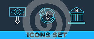 Set line Bank building, Dollar rate decrease and icon. Vector