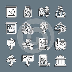 Set line Bank building, Drop crude oil price, Global economic crisis, Dollar rate decrease, Pie chart infographic, and