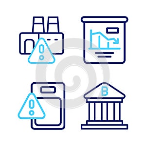 Set line Bank building, Global economic crisis, Pie chart infographic and Shutdown of factory icon. Vector