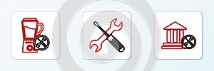 Set line Bank building service, Blender and Crossed screwdriver and wrench icon. Vector