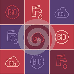 Set line Banner for bio, CO2 emissions in cloud and Water tap icon. Vector