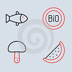 Set line Banner for bio, Mushroom, Watermelon and Fish icon. Vector