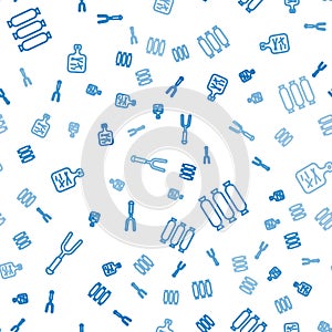 Set line Barbecue fork, Sausage and Cutting board on seamless pattern. Vector