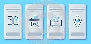 Set line Barbecue grill, Bottles of wine in wooden box, Ice cream and Alcohol or beer bar location icon. Vector