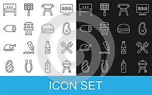 Set line Barbecue grill, Crossed fork and spatula, Steak meat, Brick stove, Salami sausage, BBQ brazier and Burger icon